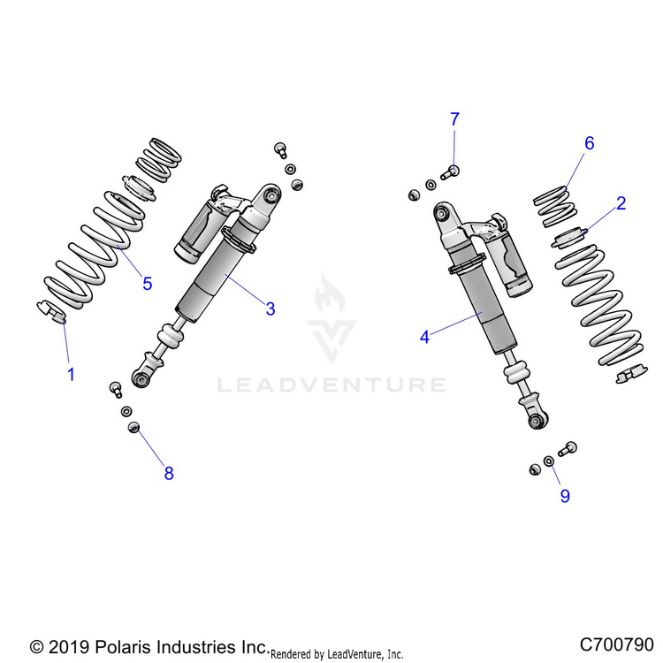 An Image of a Genuine Polaris Parts Schematic Diagram showing the schematic - SUSPENSION: REAR SHOCK MOUNTING - 2020 POLARIS GENERAL 1000 DELUXE RIDE COMMAND