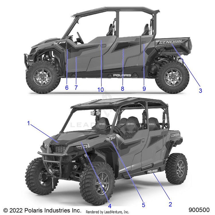 An Image of a Genuine Polaris Parts Schematic Diagram showing the schematic - BODY: DECALS - 2023 POLARIS GENERAL XP 4 1000 PREMIUM