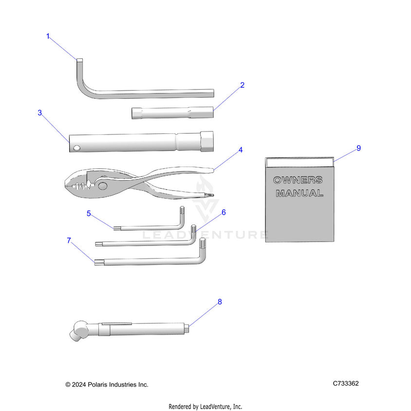 An Image of a Genuine Polaris Parts Schematic Diagram showing the schematic - REFERENCE: TOOL KIT & OWNERS MANUALS - 2025 POLARIS RANGER 570 FULL SIZE