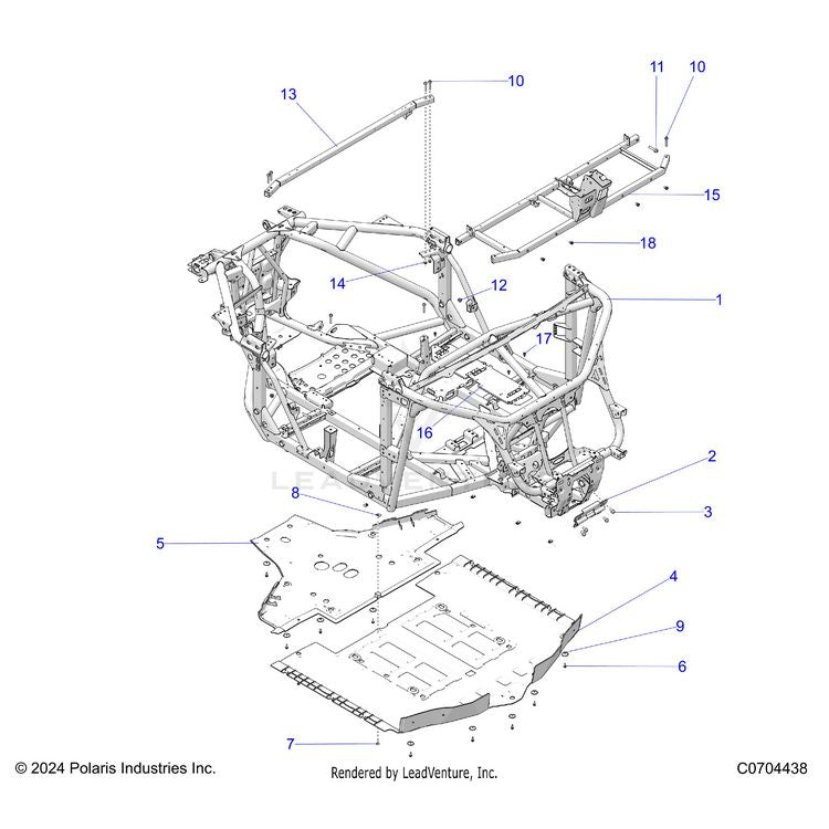An Image of a Genuine Polaris Parts Schematic Diagram showing the schematic - CHASSIS: MAIN FRAME AND SKID PLATES - 2025 POLARIS XPEDITION ADV NORTHSTAR