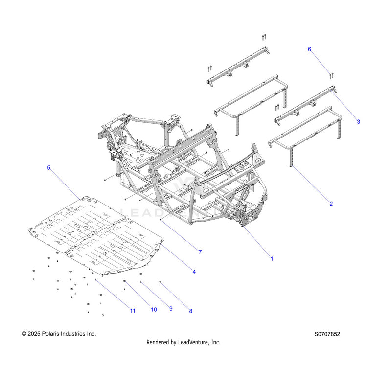 An Image of a Genuine Polaris Parts Schematic Diagram showing the schematic - CHASSIS: MAIN FRAME & SKID PLATES - 2026 POLARIS RANGER 1000 CREW EPS