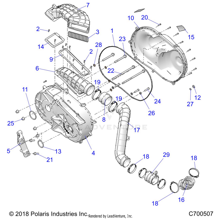 An Image of a Genuine Polaris Parts Schematic Diagram showing the schematic - DRIVE TRAIN: CLUTCH COVER & DUCTING - 2021 POLARIS RANGER CREW XP 1000 EPS