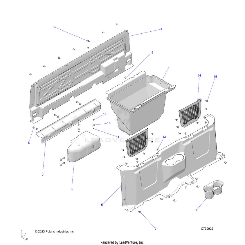 An Image of a Genuine Polaris Parts Schematic Diagram showing the schematic - BODY: FLOOR CLOSEOFFS & BIN - 2023 POLARIS RANGER 570 NORTHSTAR