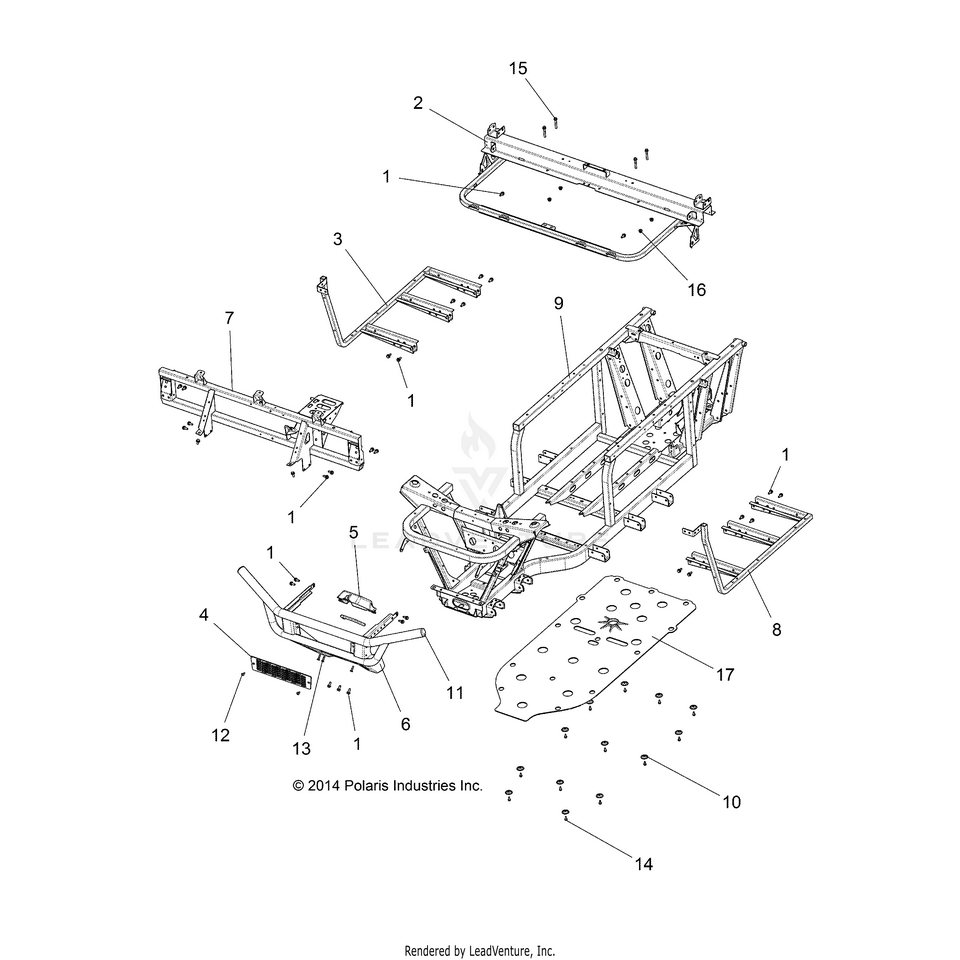 An Image of a Genuine Polaris Parts Schematic Diagram showing the schematic - CHASSIS: FRAME & FRONT BUMPER - 2020 POLARIS RANGER EV