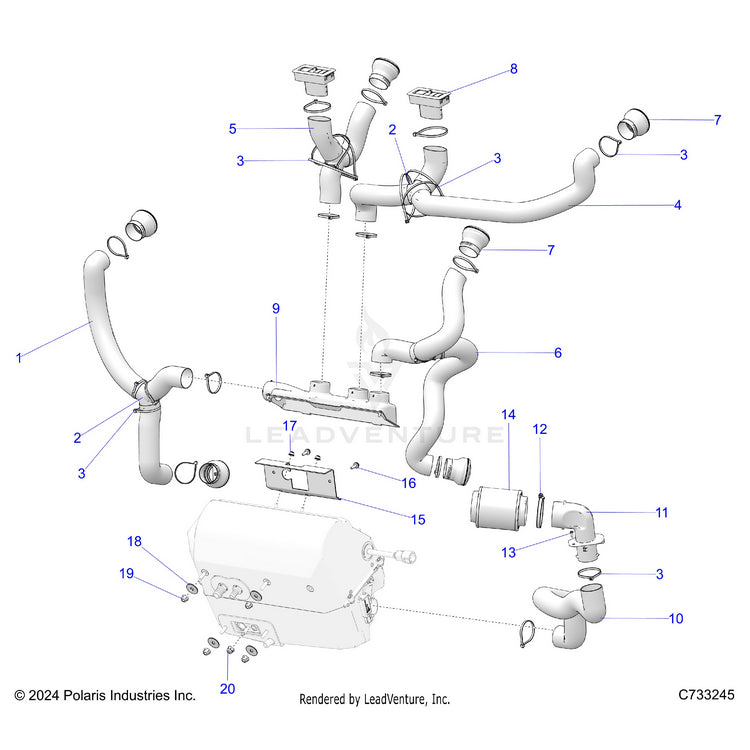 An Image of a Genuine Polaris Parts Schematic Diagram showing the schematic - BODY: HVAC DUCTING - 2025 POLARIS RANGER 1000 XP NORTHSTAR PREMIUM TIP OUT WINDSHIELD