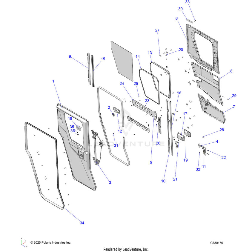 An Image of a Genuine Polaris Parts Schematic Diagram showing the schematic - BODY: DOOR REAR - 2023 POLARIS RANGER 570 CREW NORTHSTAR