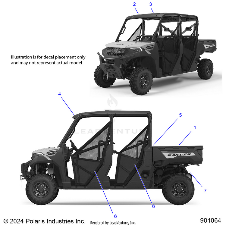 An Image of a Genuine Polaris Parts Schematic Diagram showing the schematic - BODY: DECAL GENERAL - 2025 POLARIS RANGER 1000 CREW EPS