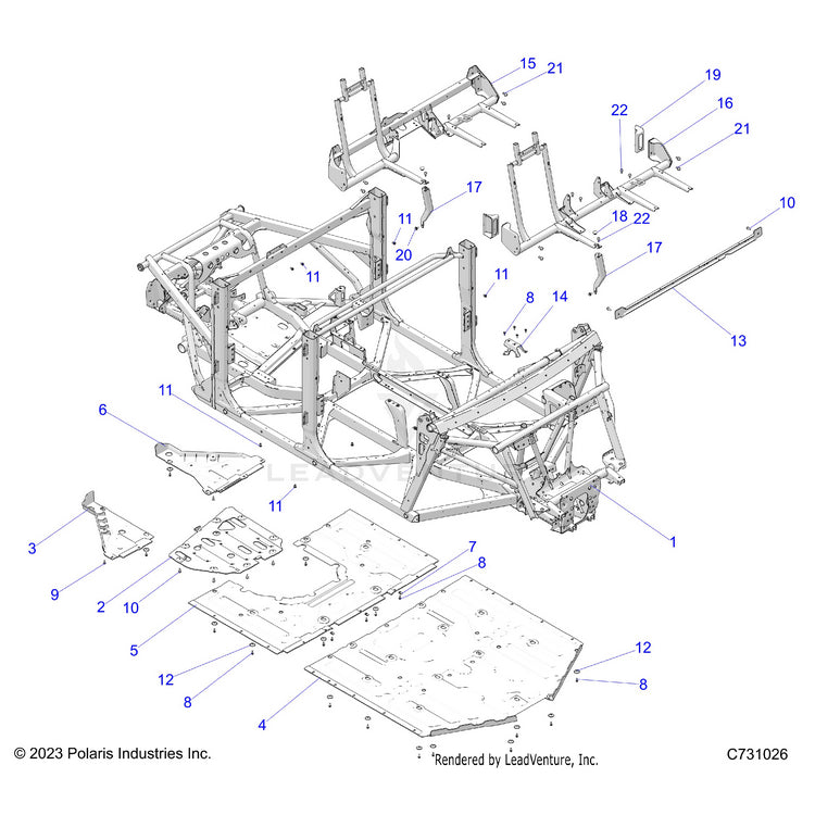 An Image of a Genuine Polaris Parts Schematic Diagram showing the schematic - CHASSIS: MAIN FRAME & SKID PLATES - 2024 POLARIS RANGER XD 1500 PREMIUM CREW
