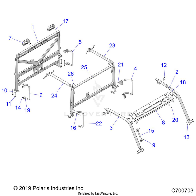 An Image of a Genuine Polaris Parts Schematic Diagram showing the schematic - CHASSIS: CAB FRAME - 2021 POLARIS RANGER CREW 1000 EPS PREMIUM