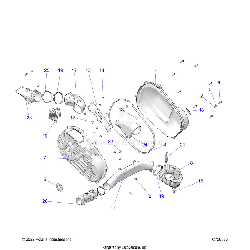 An Image of a Genuine Polaris Parts Schematic Diagram showing the schematic - DRIVE TRAIN: CLUTCH COVER & DUCTING - 2023 POLARIS RANGER 1000 PREMIUM EPS