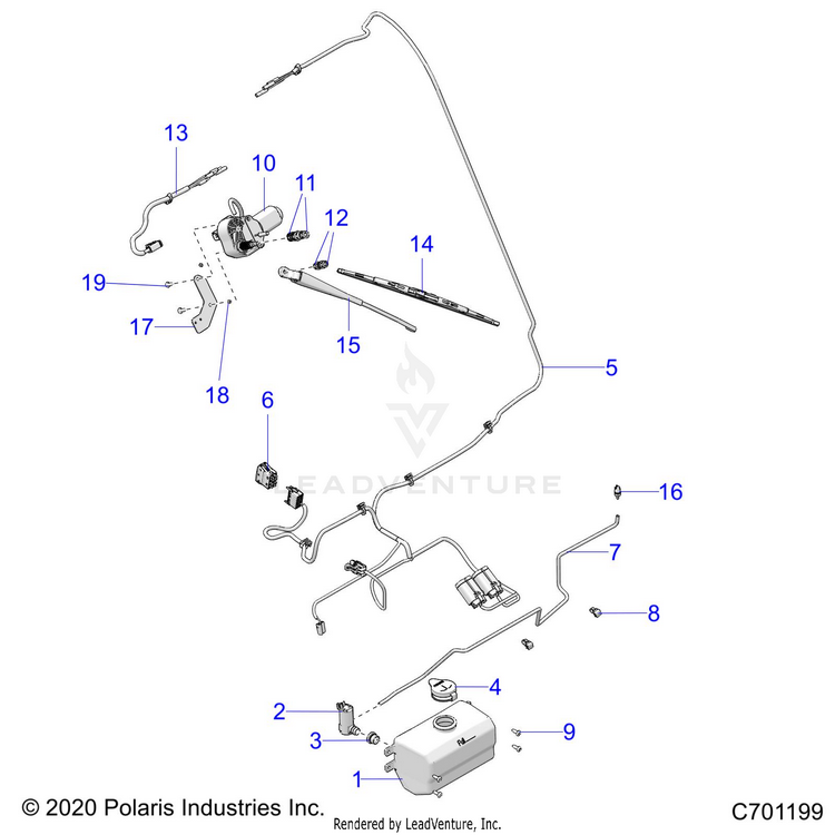 An Image of a Genuine Polaris Parts Schematic Diagram showing the schematic - BODY: WATER BOTTLE PUMP & WIPER KIT - 2021 POLARIS RANGER XP 1000 EPS NORTHSTAR