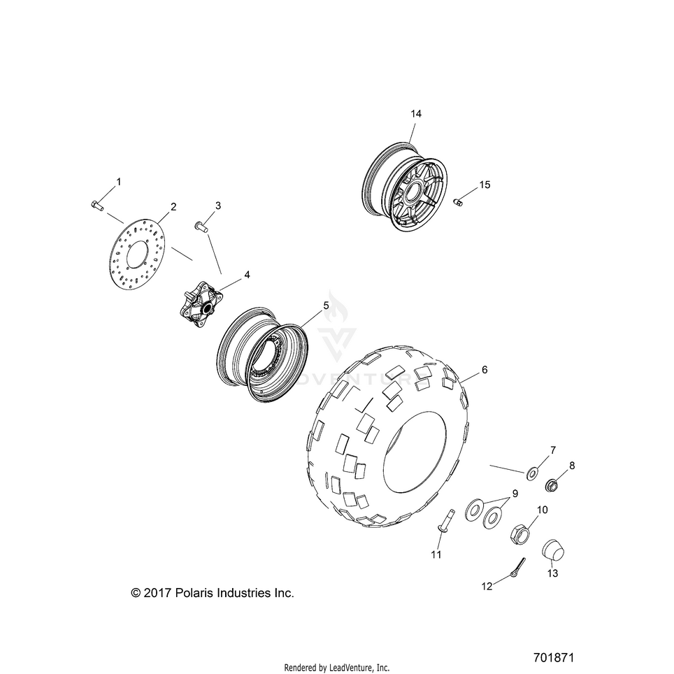 An Image of a Genuine Polaris Parts Schematic Diagram showing the schematic - WHEELS: REAR - 2018 POLARIS RANGER CREW 570