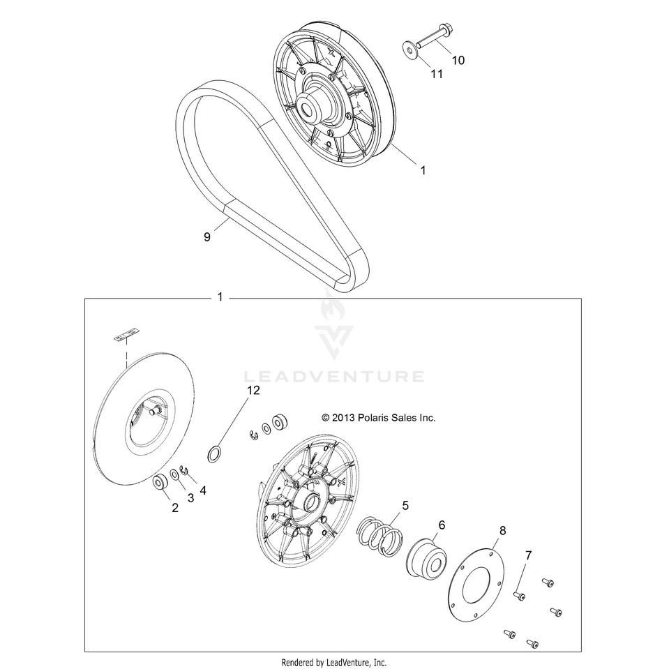 An Image of a Genuine Polaris Parts Schematic Diagram showing the schematic - DRIVE TRAIN: SECONDARY CLUTCH - 2015 POLARIS RANGER CREW 900