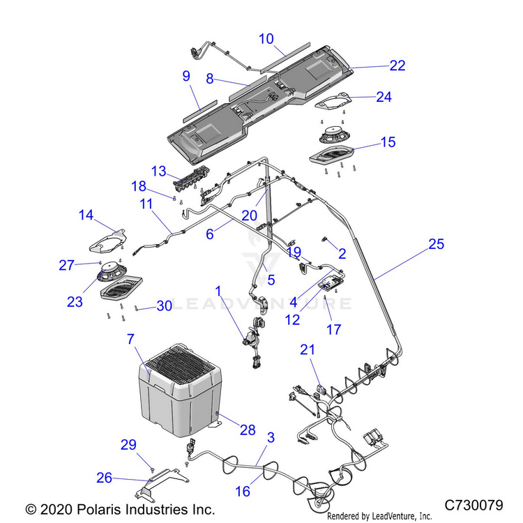 An Image of a Genuine Polaris Parts Schematic Diagram showing the schematic - BODY: ROOF AUDIO ELECTRICAL COMPONANTS RIDE COMMAND PREMIUM - 2021 POLARIS RANGER CREW XP 1000 NORTHSTAR PREMIUM AUDIO
