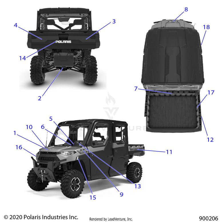 An Image of a Genuine Polaris Parts Schematic Diagram showing the schematic - BODY: DECALS - 2021 POLARIS RANGER CREW XP 1000 NORTHSTAR ULTIMATE