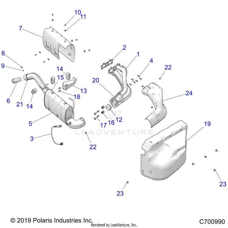 An Image of a Genuine Polaris Parts Schematic Diagram showing the schematic - ENGINE: EXHAUST SYSTEM - 2021 POLARIS RANGER XP 1000 BIG GAME EVAP
