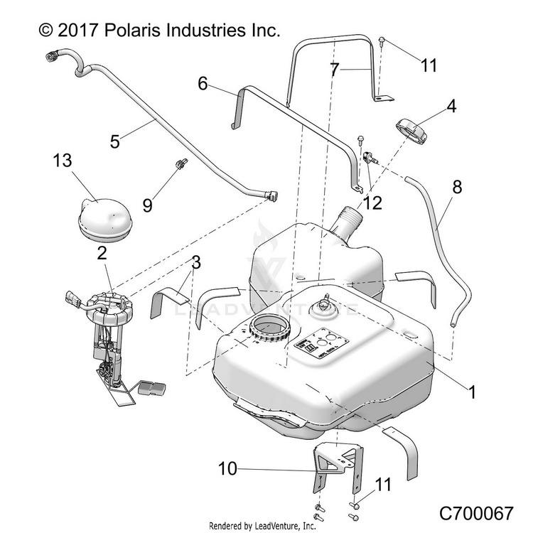 An Image of a Genuine Polaris Parts Schematic Diagram showing the schematic - BODY: FUEL TANK - 2018 POLARIS RANGER 1000 EPS