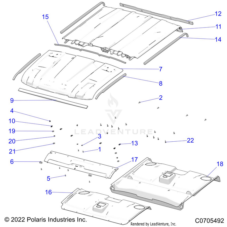 An Image of a Genuine Polaris Parts Schematic Diagram showing the schematic - BODY: ROOF - 2022 POLARIS RANGER CREW XP 1000 NORTHSTAR ULTIMATE TRAIL BOSS EVAP