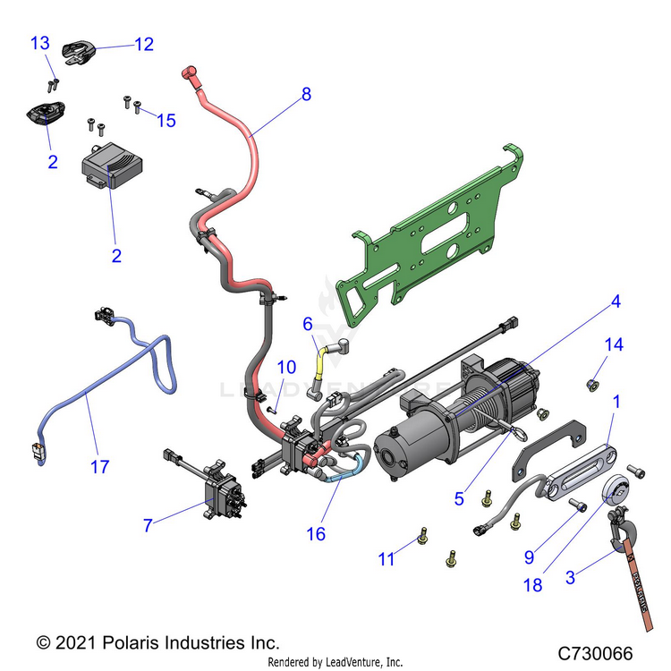 An Image of a Genuine Polaris Parts Schematic Diagram showing the schematic - ACCESSORY: WINCH - 2021 POLARIS RANGER CREW XP 1000 WATERFOWL EVAP