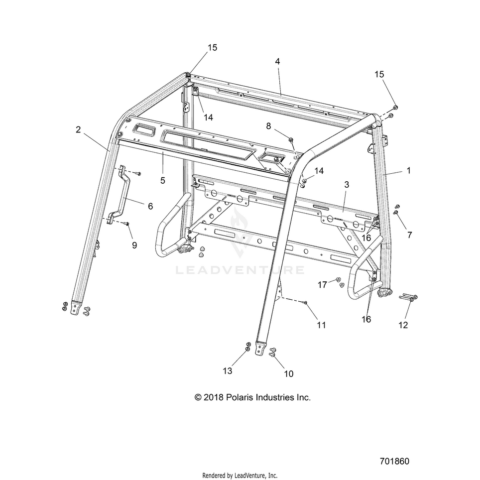 An Image of a Genuine Polaris Parts Schematic Diagram showing the schematic - CHASSIS: CAB FRAME - 2018 POLARIS RANGER EV