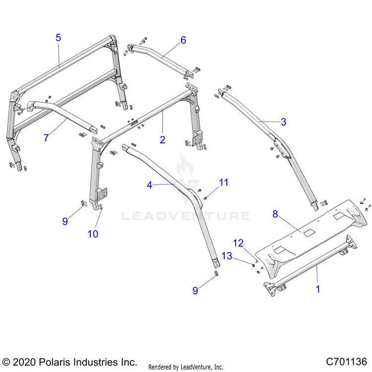 An Image of a Genuine Polaris Parts Schematic Diagram showing the schematic - CHASSIS: CAB FRAME - 2021 POLARIS GENERAL 4 1000 PREMIUM EPS