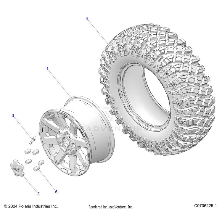 An Image of a Genuine Polaris Parts Schematic Diagram showing the schematic - WHEELS: FRONT - 2024 POLARIS XPEDITION ADV 5 NORTHSTAR