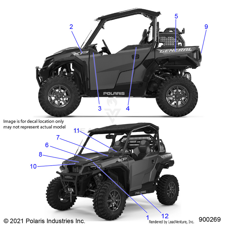An Image of a Genuine Polaris Parts Schematic Diagram showing the schematic - BODY: DECALS - 2022 POLARIS GENERAL XP 1000 TRAILHEAD LE