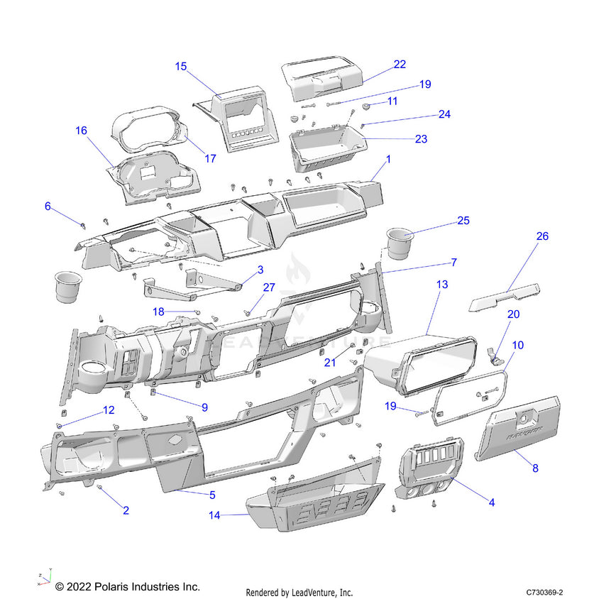 An Image of a Genuine Polaris Parts Schematic Diagram showing the schematic - BODY: DASH - 2023 POLARIS RANGER EV FULL SIZE ULTIMATE