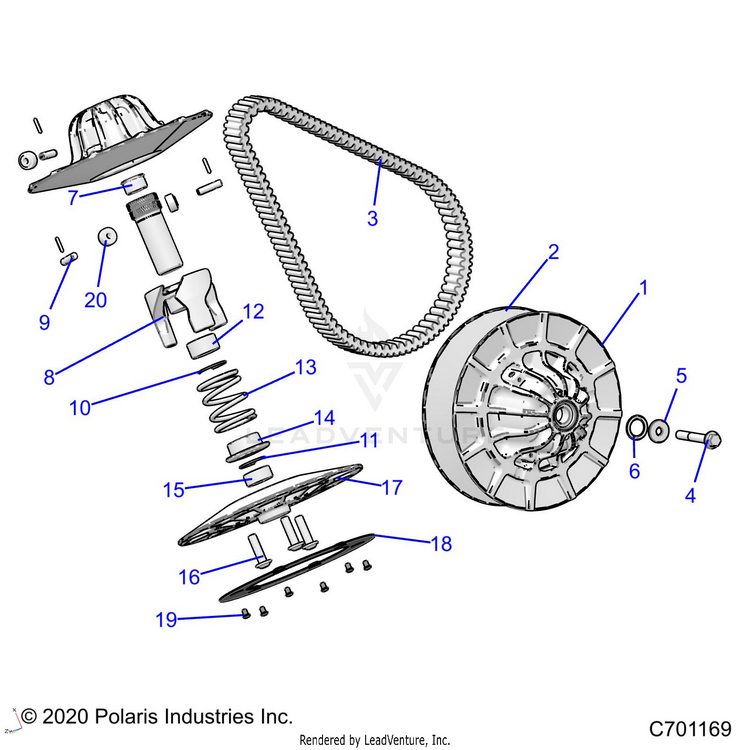 An Image of a Genuine Polaris Parts Schematic Diagram showing the schematic - DRIVE TRAIN: SECONDARY CLUTCH - 2021 POLARIS RANGER XP 1000 NORTHSTAR TRAIL BOSS EVAP