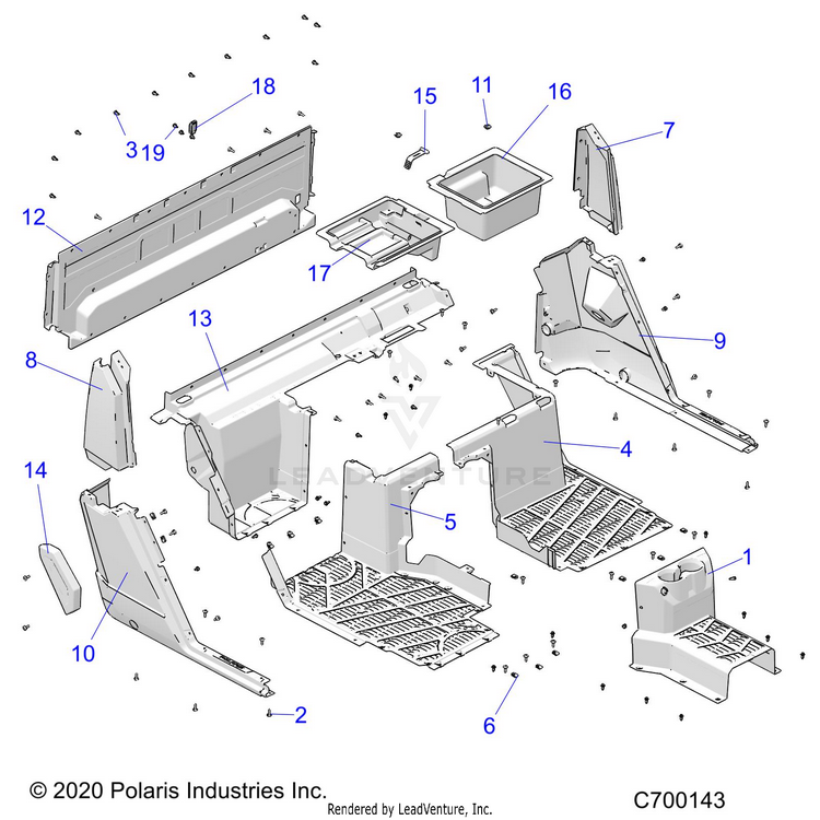 An Image of a Genuine Polaris Parts Schematic Diagram showing the schematic - BODY: FLOOR REAR - 2022 POLARIS RANGER CREW XP 1000 HIGH LIFTER
