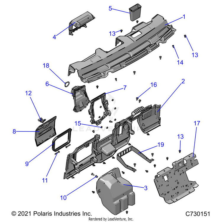 An Image of a Genuine Polaris Parts Schematic Diagram showing the schematic - BODY: DASH - 2022 POLARIS RANGER 570 RIDE COMMAND