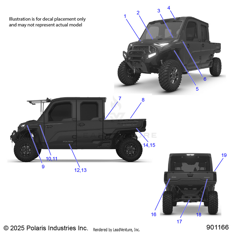 An Image of a Genuine Polaris Parts Schematic Diagram showing the schematic - BODY: DECALS - 2026 POLARIS RANGER XD 1500 NORTHSTAR MOUNTAINEER EDITION CREW