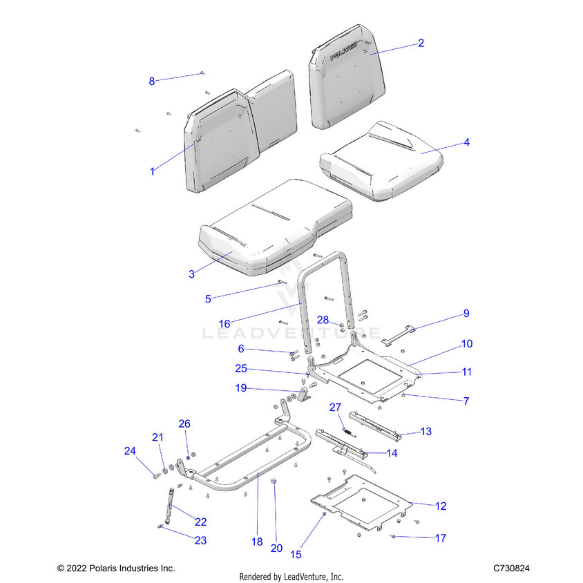 An Image of a Genuine Polaris Parts Schematic Diagram showing the schematic - BODY: SEAT & SLIDER - 2025 POLARIS RANGER 1000 XP CREW NORTHSTAR PREMIUM