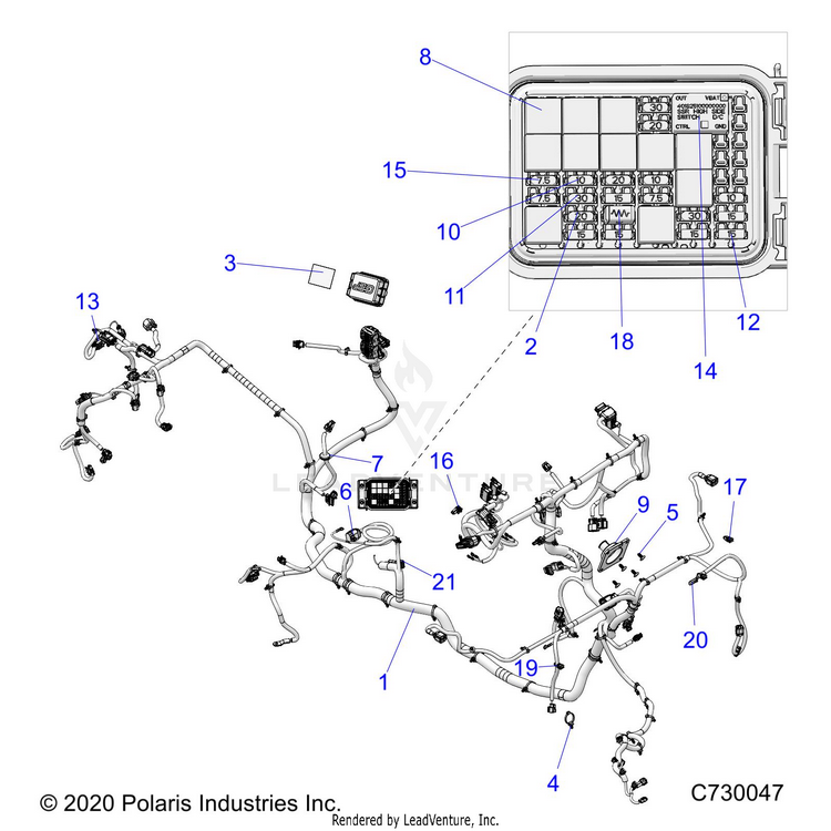 An Image of a Genuine Polaris Parts Schematic Diagram showing the schematic - ELECTRICAL: WIRE HARNESS - 2021 POLARIS RANGER XP 1000 EPS NORTHSTAR