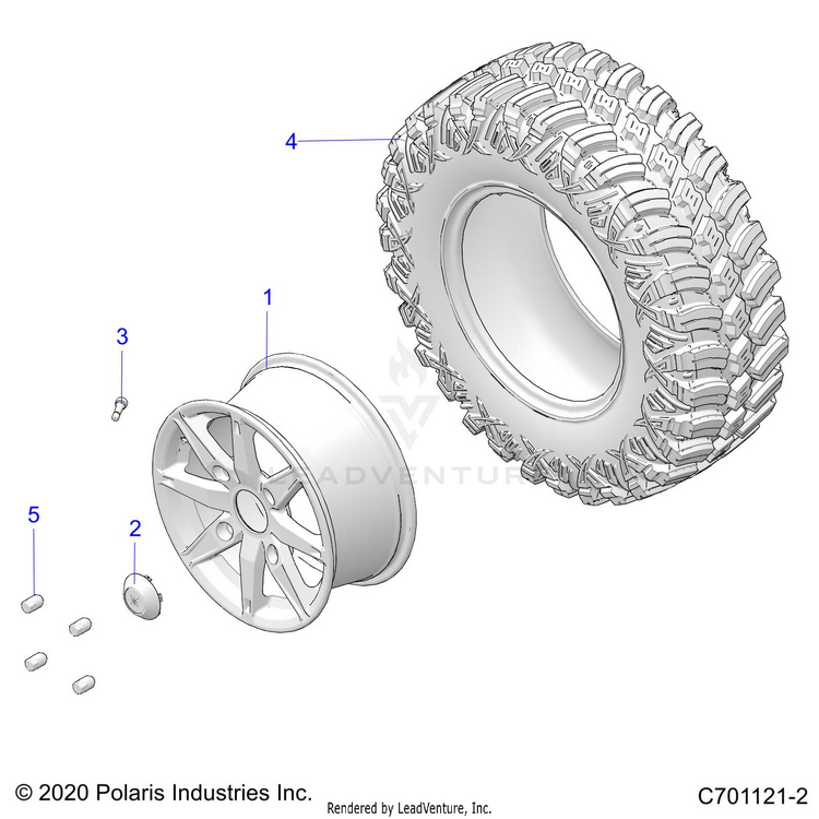 An Image of a Genuine Polaris Parts Schematic Diagram showing the schematic - WHEELS: FRONT - 2022 POLARIS GENERAL XP 4 1000 HUNTER