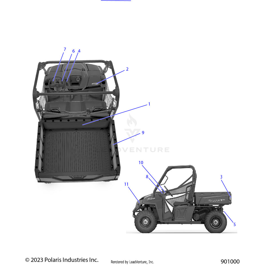 An Image of a Genuine Polaris Parts Schematic Diagram showing the schematic - BODY: DECALS GENERAL - 2024 POLARIS RANGER 570 FULL SIZE