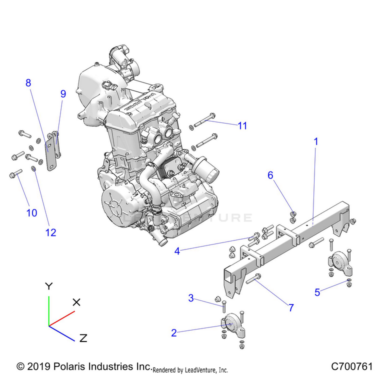 An Image of a Genuine Polaris Parts Schematic Diagram showing the schematic - ENGINE: MOUNTING & LONG BLOCK - 2020 POLARIS RANGER CREW 1000 FULL SIZE EPS FO