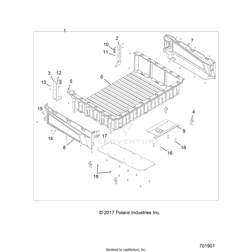 An Image of a Genuine Polaris Parts Schematic Diagram showing the schematic - BODY: CARGO BOX - 2018 POLARIS RANGER XP 900