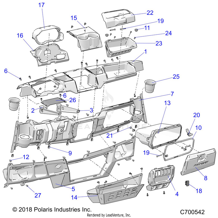 An Image of a Genuine Polaris Parts Schematic Diagram showing the schematic - BODY: DASH STD - 2019 POLARIS RANGER CREW XP 1000 49S FACTORY CHOICE