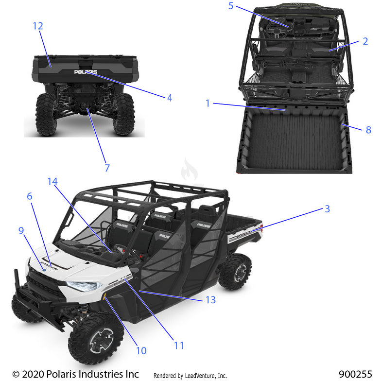 An Image of a Genuine Polaris Parts Schematic Diagram showing the schematic - BODY: DECALS - 2021 POLARIS RANGER CREW XP 1000 TRAIL BOSS EVAP