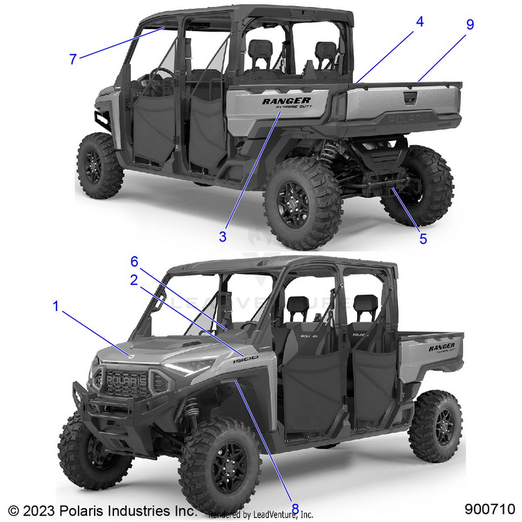 An Image of a Genuine Polaris Parts Schematic Diagram showing the schematic - BODY: DECALS - 2024 POLARIS RANGER XD 1500 PREMIUM CREW