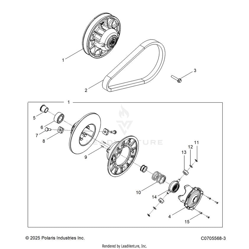 An Image of a Genuine Polaris Parts Schematic Diagram showing the schematic - DRIVE TRAIN: SECONDARY CLUTCH - 2025 POLARIS GENERAL 4 1000 SPORT
