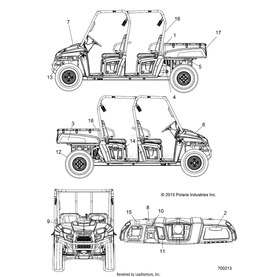 An Image of a Genuine Polaris Parts Schematic Diagram showing the schematic - BODY: DECALS - 2015 POLARIS RANGER CREW 570 EFI