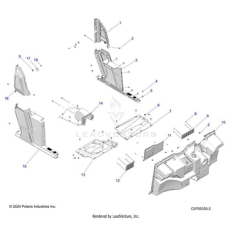 An Image of a Genuine Polaris Parts Schematic Diagram showing the schematic - BODY: FRONT FLOOR & ROCKERS - 2022 POLARIS RANGER CREW 570 NORTHSTAR