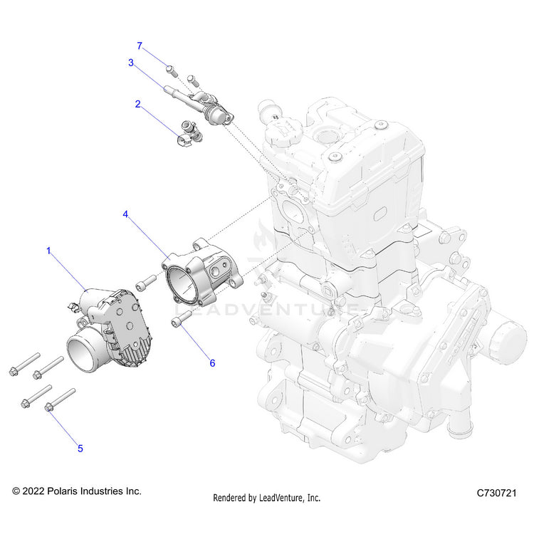 An Image of a Genuine Polaris Parts Schematic Diagram showing the schematic - ENGINE: THROTTLE BODY & FUEL RAIL - 2023 POLARIS RANGER 570 FULL SIZE