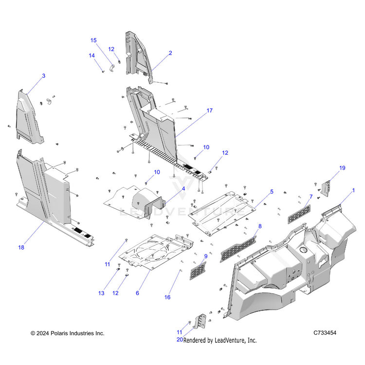 An Image of a Genuine Polaris Parts Schematic Diagram showing the schematic - BODY: FRONT FLOOR & ROCKERS - 2022 POLARIS RANGER CREW 570