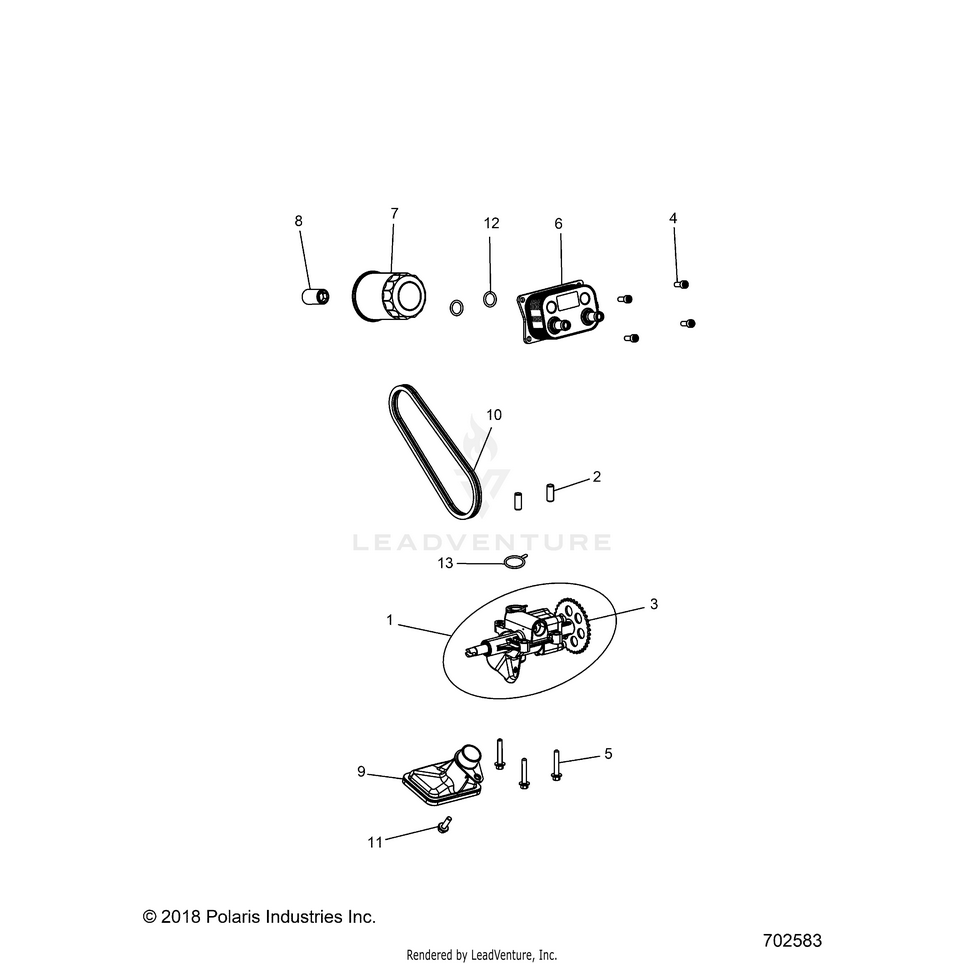 An Image of a Genuine Polaris Parts Schematic Diagram showing the schematic - ENGINE: OIL PUMP & OIL COOLER - 2019 POLARIS RANGER 900 XP