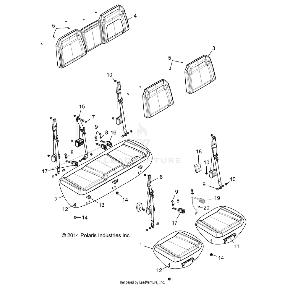 An Image of a Genuine Polaris Parts Schematic Diagram showing the schematic - BODY: SEAT REAR BENCH - 2016 POLARIS RANGER CREW 900