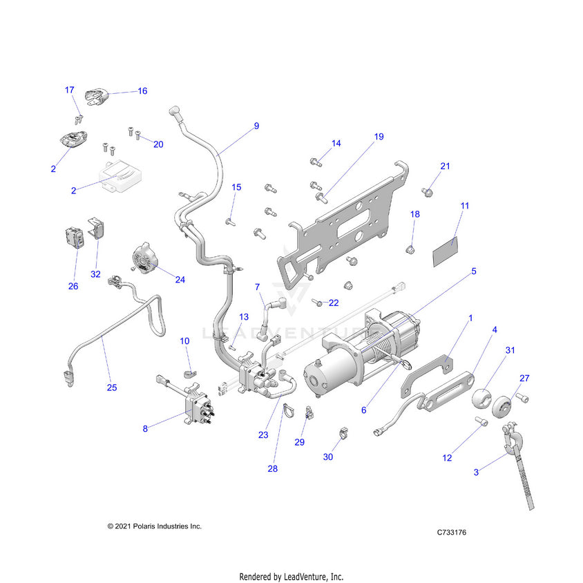 An Image of a Genuine Polaris Parts Schematic Diagram showing the schematic - BODY: WINCH - 2022 POLARIS RANGER CREW XP 1000 NORTHSTAR ULTIMATE TRAIL BOSS EVAP