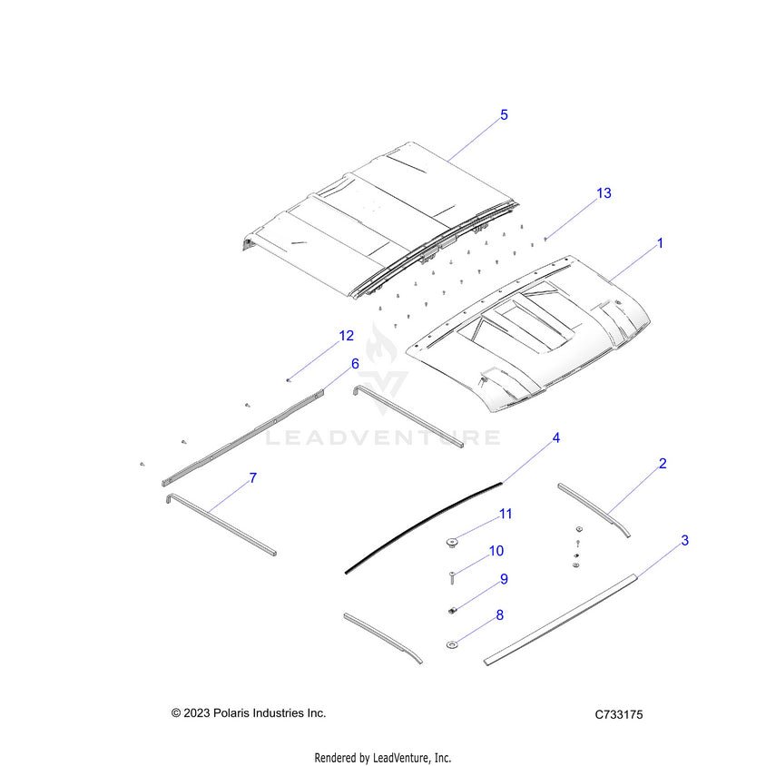 An Image of a Genuine Polaris Parts Schematic Diagram showing the schematic - BODY: ROOF - 2025 POLARIS RANGER 1000 CREW EPS